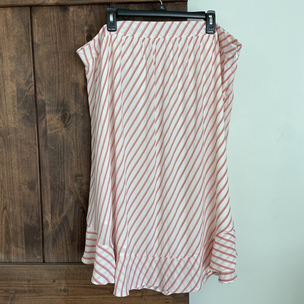Loft Plus Skirt 18 White Red Peach Stripe Flirty Ruffle U Shape Hem Lined Midi